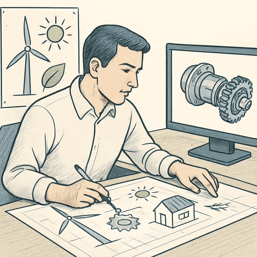 A mechanical engineer working on a sustainable design project, showcasing interdisciplinary skills. The image displays a person analyzing blueprints and a 3D model on a computer screen, emphasizing green energy and design. Mechanical engineer applying interdisciplinary skills in sustainable design.