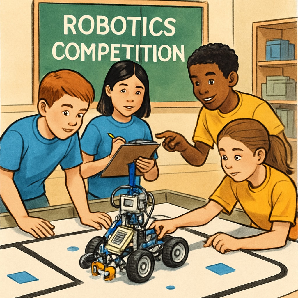 Students participating in a robotics competition, showcasing teamwork and problem-solving skills. Students engaged in robotics competitions, developing IT-related skills.