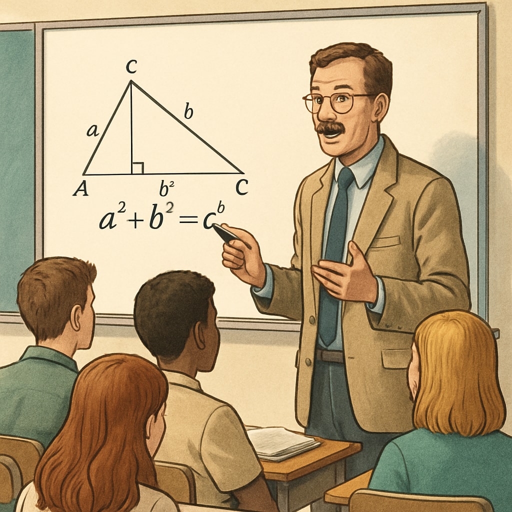 A teacher demonstrating a key mathematical concept on a whiteboard in a high school classroom. High school math teacher explaining abstract concepts.