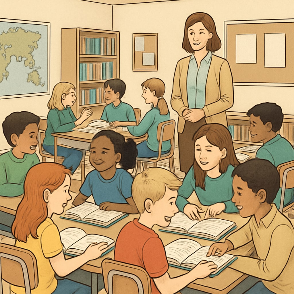 A classroom with fifth-grade students engaged in collaborative reading activities, showcasing group learning dynamics. Fifth-grade students working together on reading comprehension tasks.