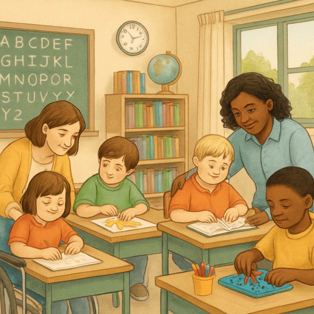 A classroom setting in a special needs school, with teachers assisting students in individualized activities. A special needs classroom with teachers supporting students, highlighting SEN education.