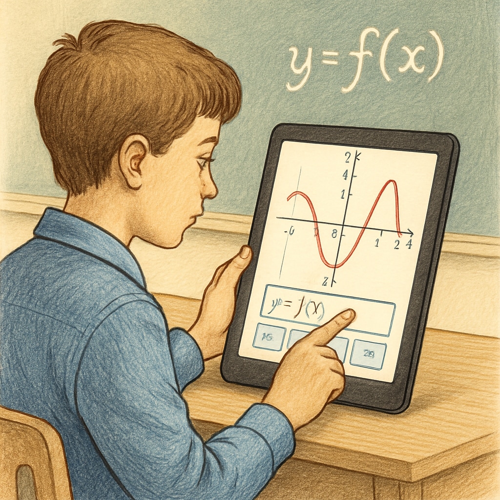 A student using an interactive math app on a tablet to visualize graphing functions. High school student learning math with an interactive app.