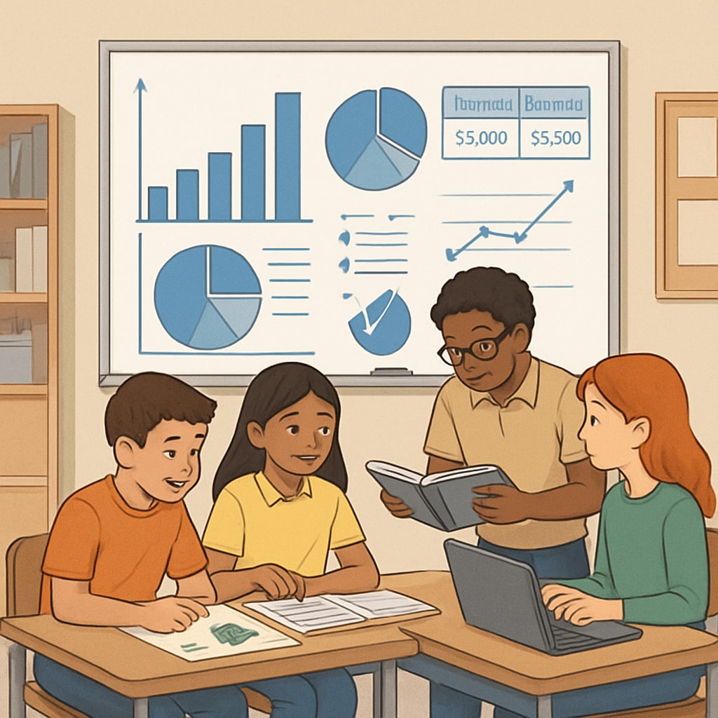 A classroom setting where students collaborate on a financial literacy project, with charts and graphs displayed on a whiteboard. Students working on a financial literacy project in a classroom setting.