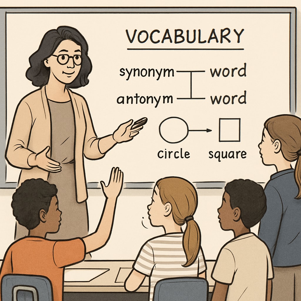 A teacher guiding students through a vocabulary exercise with a whiteboard, emphasizing interactive learning. Teacher and students participating in a vocabulary-building activity.