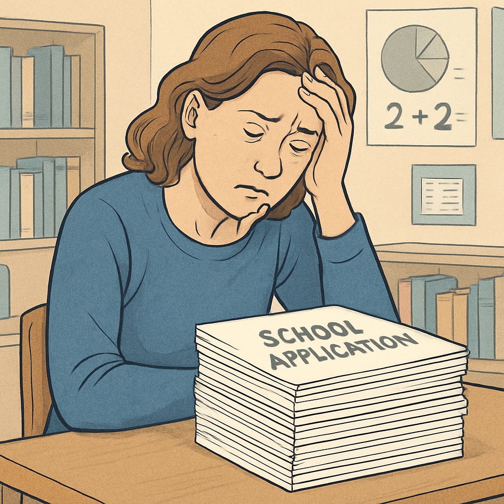 A frustrated parent sitting at a table with a stack of school application forms, symbolizing the struggles of navigating the SEN system. A parent filling out school applications, illustrating challenges in SEN education rights.