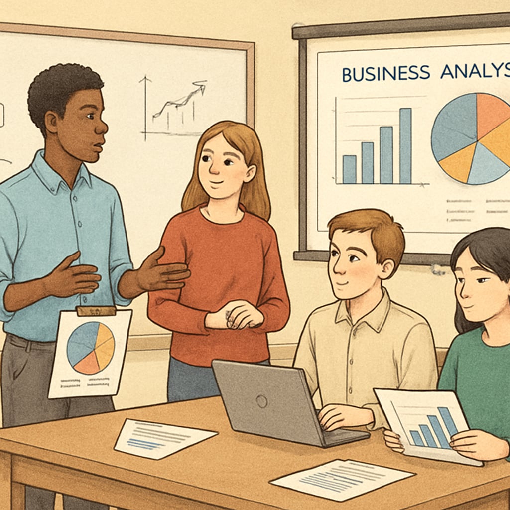 A group of high school students presenting a business analysis project using laptops and charts in a classroom. High school students presenting a business analysis project with charts and laptops.