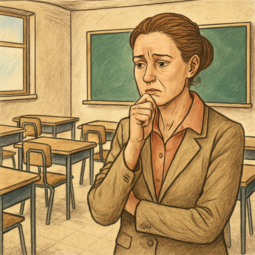 A concerned teacher standing in an empty classroom, symbolizing the lack of resources in public schools due to funding diversion. Teacher in an empty classroom highlighting public school resource challenges.