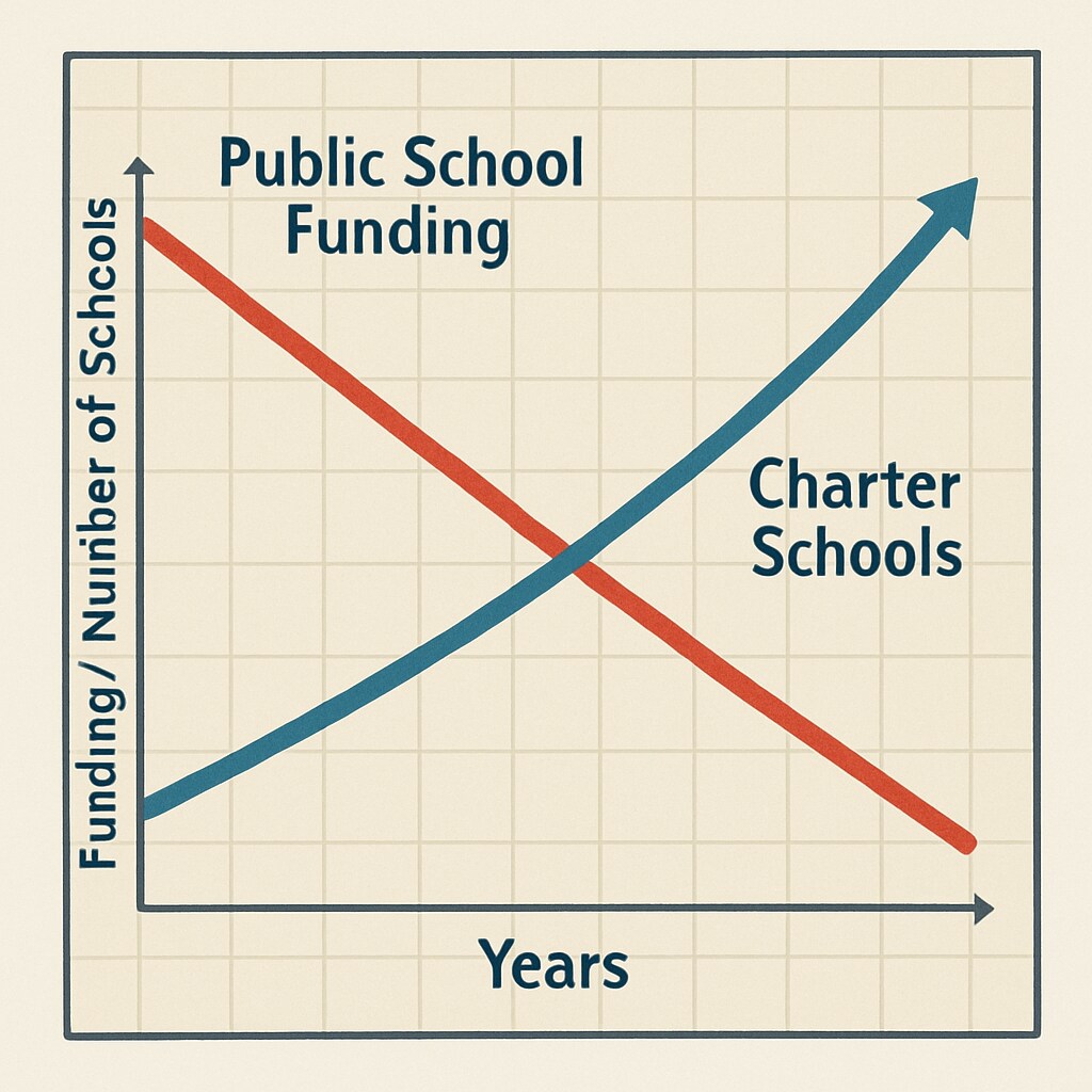 A graph showing the decline in public school funding over the years, juxtaposed with the rise of charter schools. Graph illustrating public school funding decline and charter school growth.