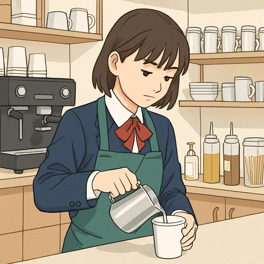 A high school student working a part-time job at a coffee shop, focusing on their tasks. High school student working part-time while balancing responsibilities.