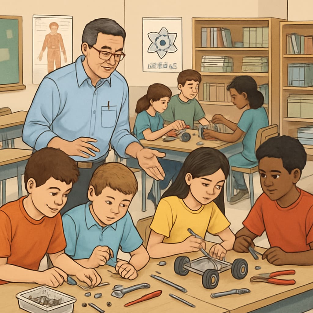 A classroom with students working on a hands-on engineering project, guided by a teacher with a technical background. Students and teacher in a classroom working on an engineering project.