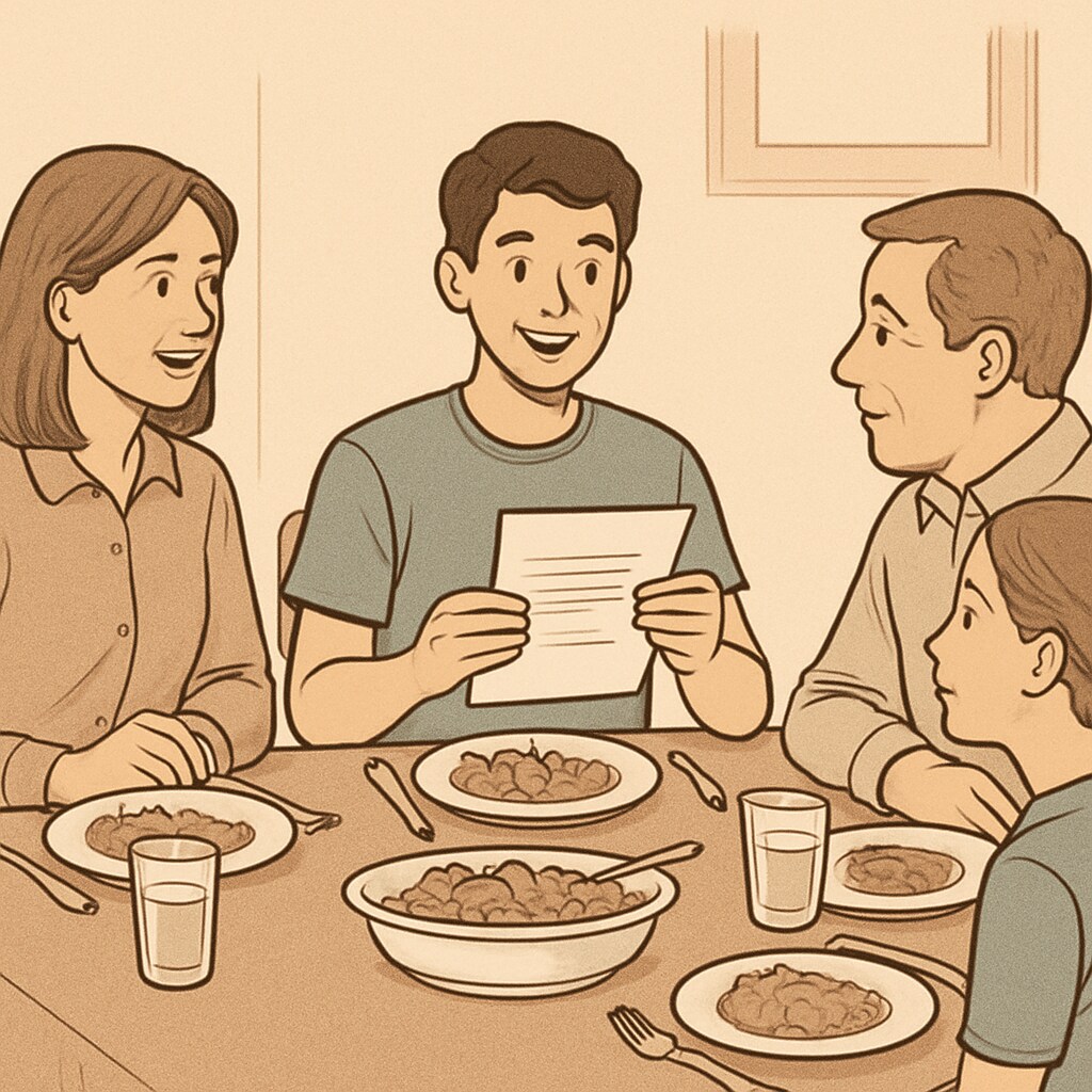 A family discussing a teenager’s part-time job schedule around the dinner table. Parents and teenager discussing how to balance work and school responsibilities.