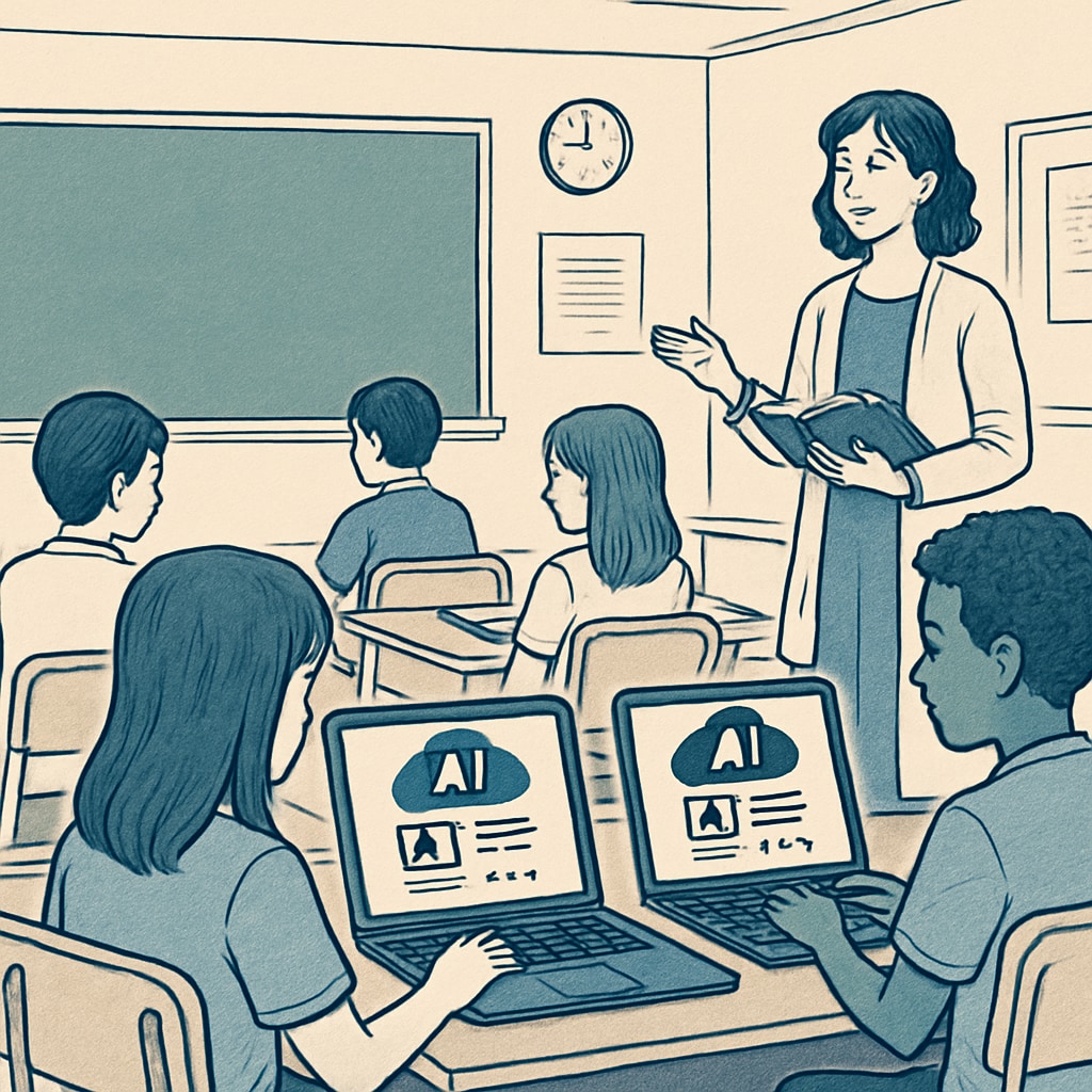 Students in a classroom using AI tools for personalized learning.