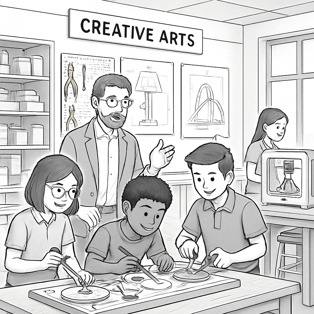 A creative arts classroom where students use engineering tools to build interactive installations under a teacher’s guidance. Students in an arts classroom applying engineering tools to create installations.