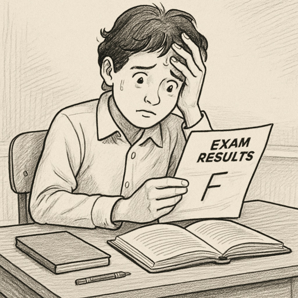 Student reflecting on their GCSE results with academic concerns and self-doubt.