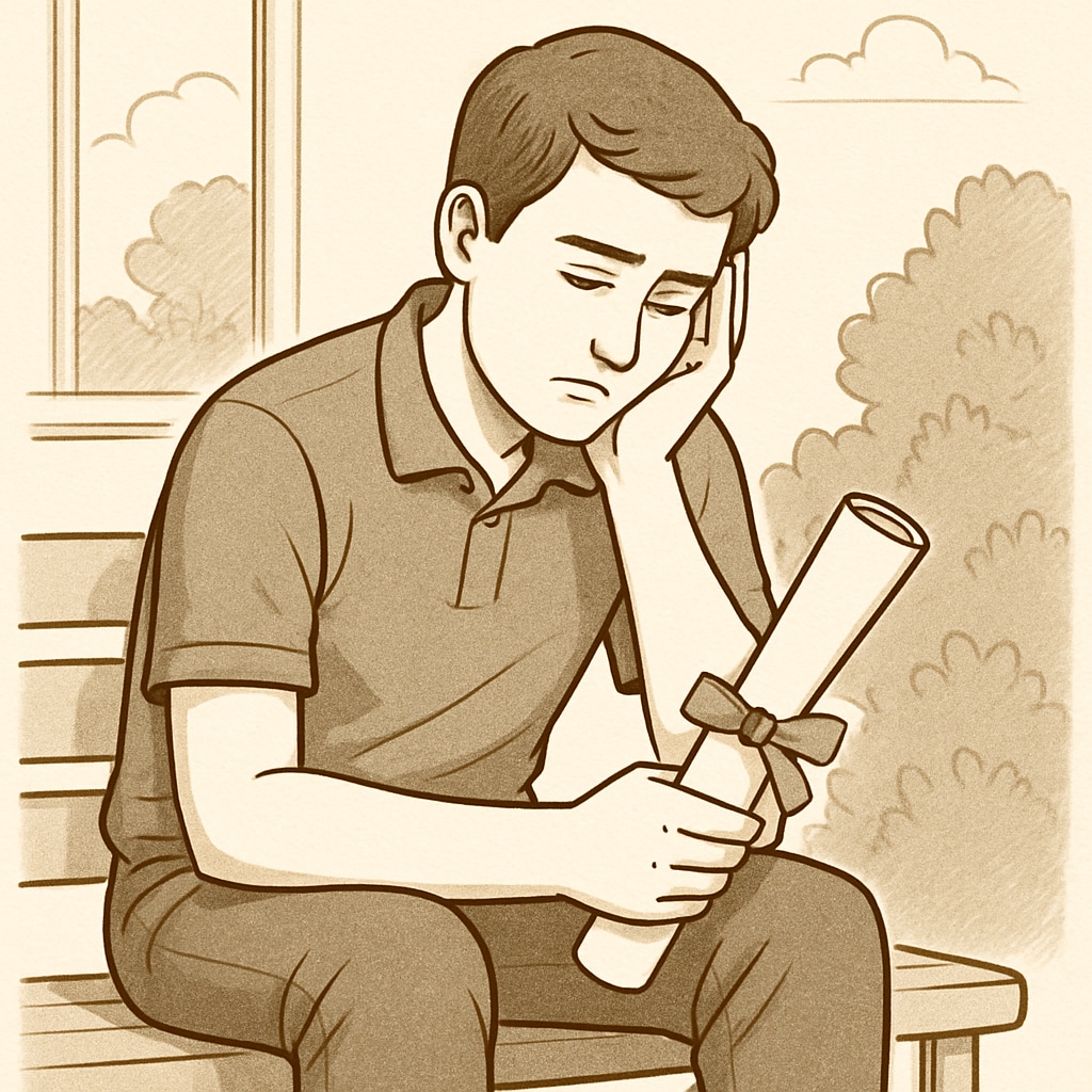 A student looking contemplative while holding a diploma in a quiet setting, symbolizing reflection and regret over educational choices. A student holding a modified diploma, looking reflective about future decisions.