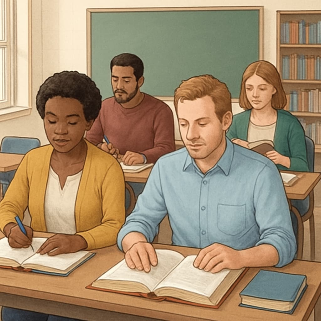 A classroom setting with adult learners focused on their studies, representing pathways for educational improvement. Adult learners in a classroom working on enhancing their diplomas or qualifications.