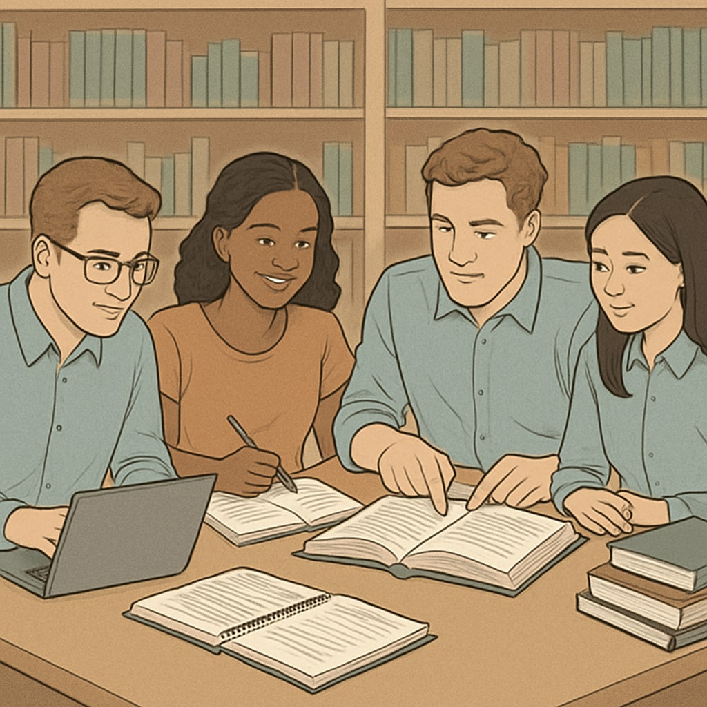 A group of CMA USA aspirants collaborating at a study table in a library, surrounded by study materials and laptops. Kerala CMA USA aspirants collaborating at a library study table.