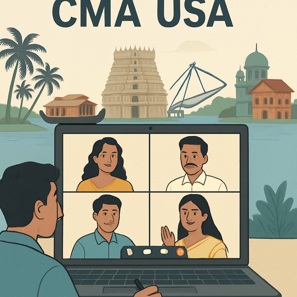 A virtual meeting of CMA USA aspirants with Kerala landmarks visible in the background, symbolizing community connection and collaboration. Virtual meeting of CMA USA aspirants with Kerala landmarks in the background.