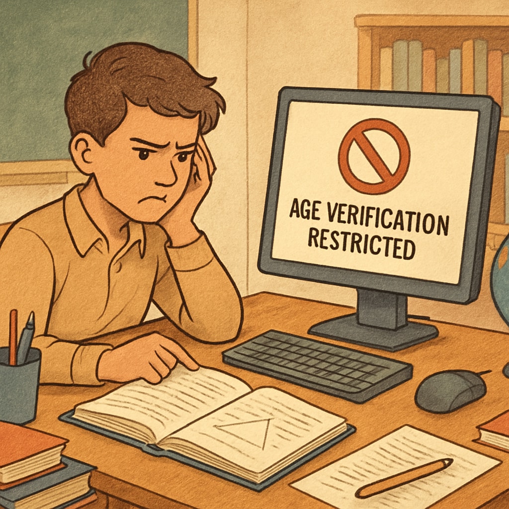 A student sitting at a computer, struggling to access online educational resources due to restrictive age verification laws. Student facing challenges with age verification and internet regulation while accessing educational content.