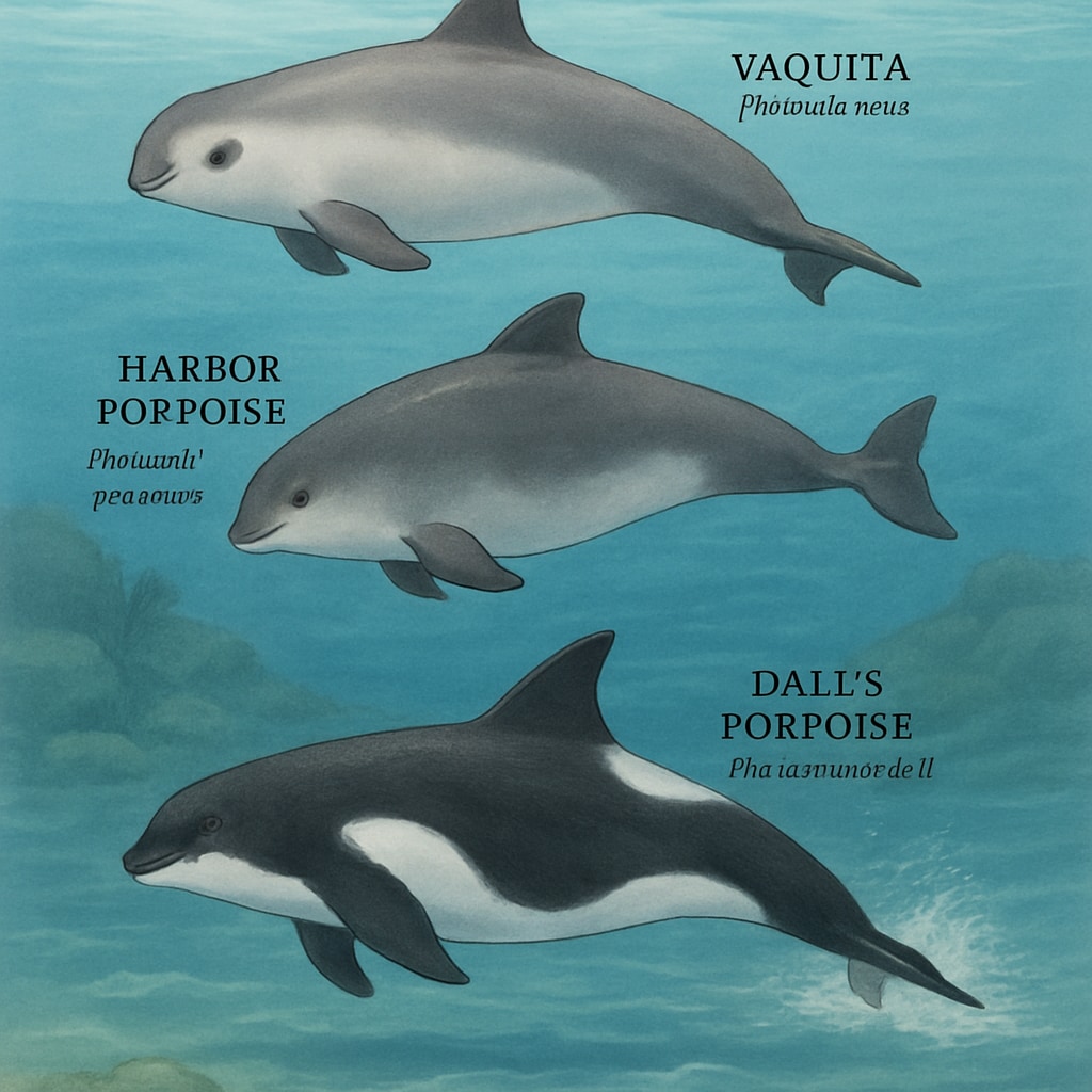 A vibrant illustration of different porpoise species, such as the vaquita, harbor porpoise, and Dall's porpoise, swimming in their natural ocean habitats. Porpoise species in their natural habitats, showcasing marine biodiversity.