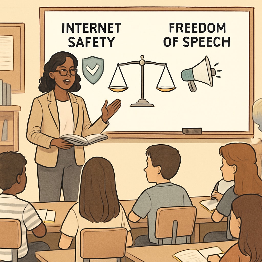 A classroom scene with an educator explaining the importance of balancing internet safety and freedom of speech. Educator discussing the challenges of internet regulation and freedom of speech in education.