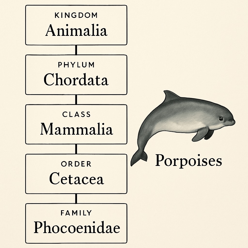 A detailed taxonomy chart of porpoises, highlighting their classification within the Cetacea order and the Phocoenidae family. Porpoise taxonomy chart showing their scientific classification.