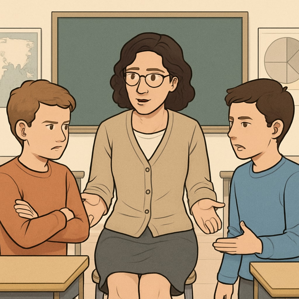 A teacher mediating a conflict between two students in a classroom setting. The teacher is encouraging open communication while ensuring a safe environment. Teacher addressing student conflict to manage bullying.