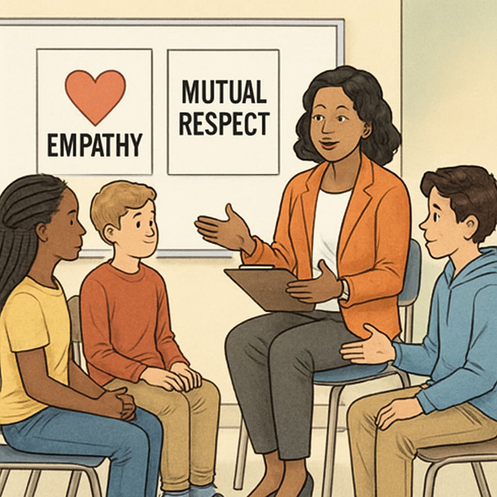 A school counselor conducting a group session with students to discuss bullying. The session focuses on empathy and mutual respect among peers. School counselor leading anti-bullying group discussion.