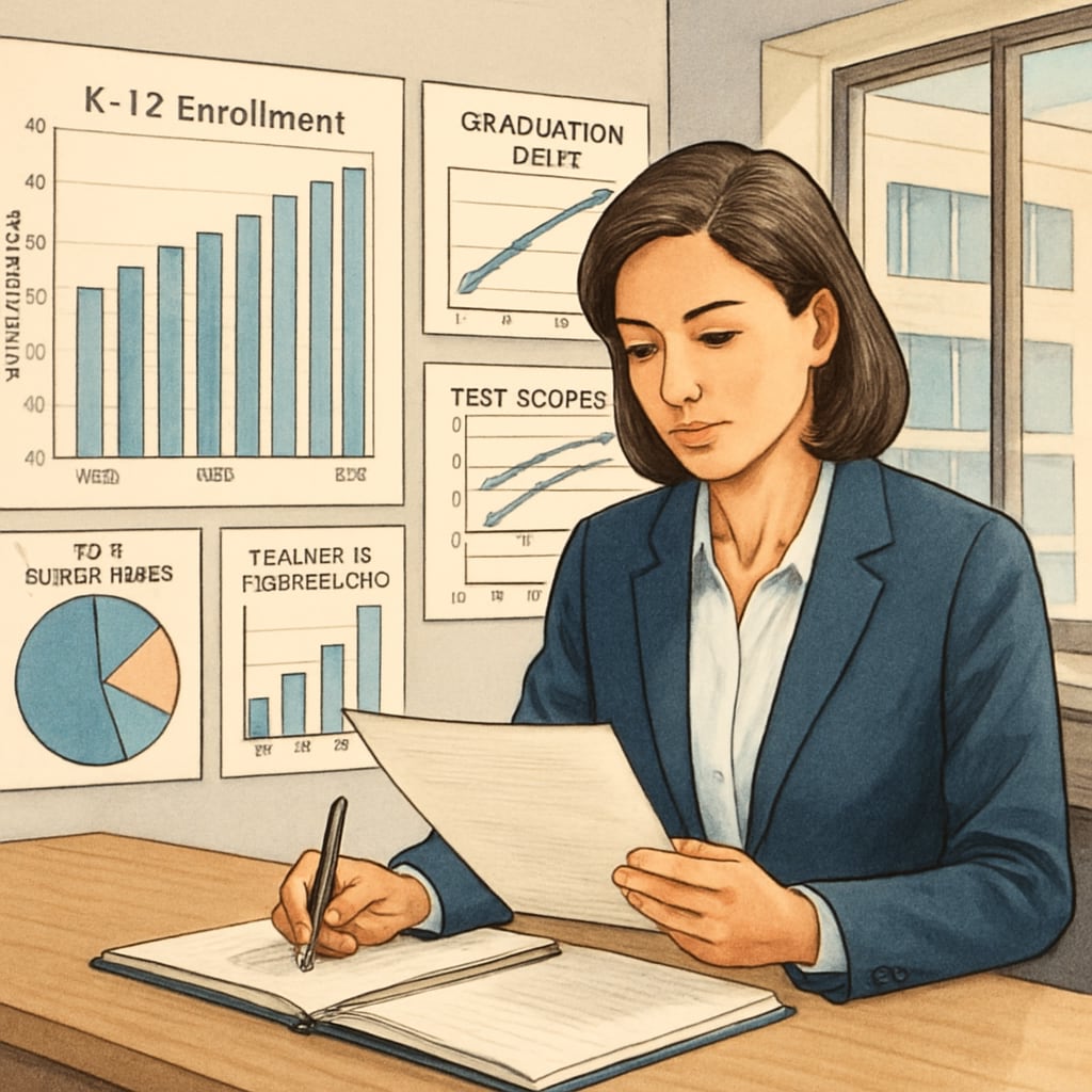 A professional analyzing education data in a modern office setting, with charts and graphs illustrating trends in K-12 education. Business analytics and finance professional analyzing educational data for K-12 schools.