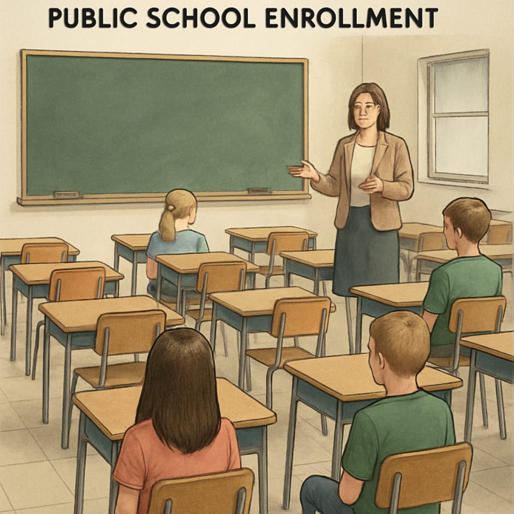 A classroom showing reduced student attendance, illustrating the impact of voucher programs on public school enrollment. Reduced student attendance due to school voucher programs affecting public schools.