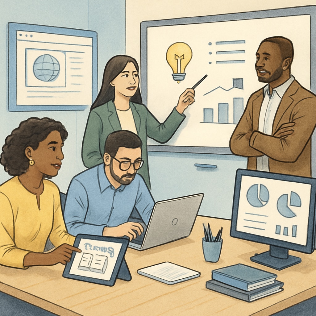 A group of diverse professionals collaborating on educational technology solutions in a high-tech workspace. Collaborative EdTech team working on solutions in the K-12 education sector.