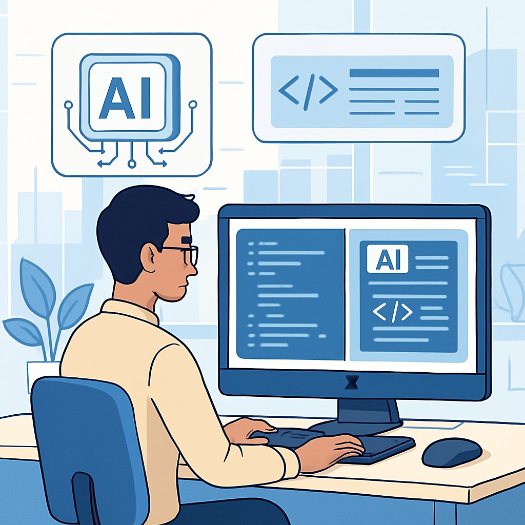 A futuristic image depicting AI-powered coding tools being used by a programmer. The image should showcase a modern tech environment with AI interfaces. AI-powered tools assist a programmer in coding.