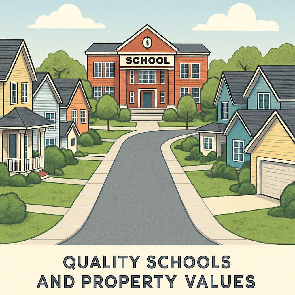 A suburban neighborhood featuring homes located near a highly ranked school district, illustrating the connection between quality schools and property values. Suburban neighborhood near top-rated schools showing relationship to property value.