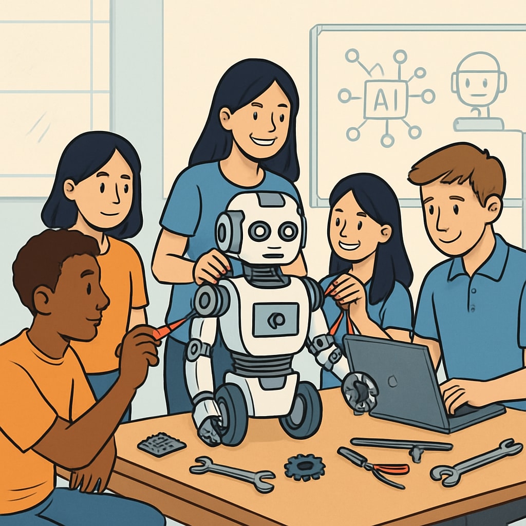 A group of students collaborating on a robotics project, symbolizing the integration of AI in engineering. The image should highlight teamwork and innovation. Students working on a robotics project with engineering tools.