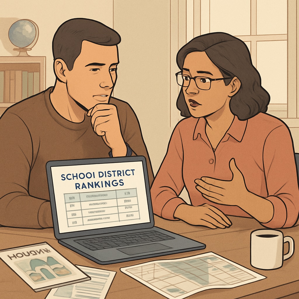 Parents reviewing school district rankings on a laptop while discussing housing options, emphasizing the importance of integrating education and property decisions. Parents researching school district rankings while considering home purchases.
