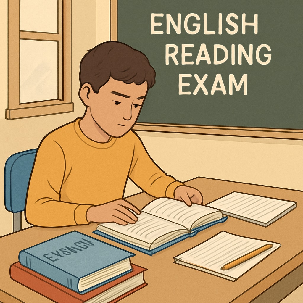 A student sitting at a desk preparing for an English reading exam with study materials. Student preparing for Functional Skills English reading exam.