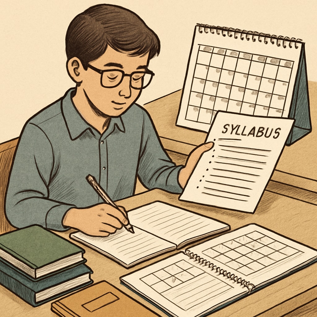 A student planning their study schedule with a syllabus in hand, focused on managing backlogs. Student managing time for BSc Physics backlogs and exam preparation.