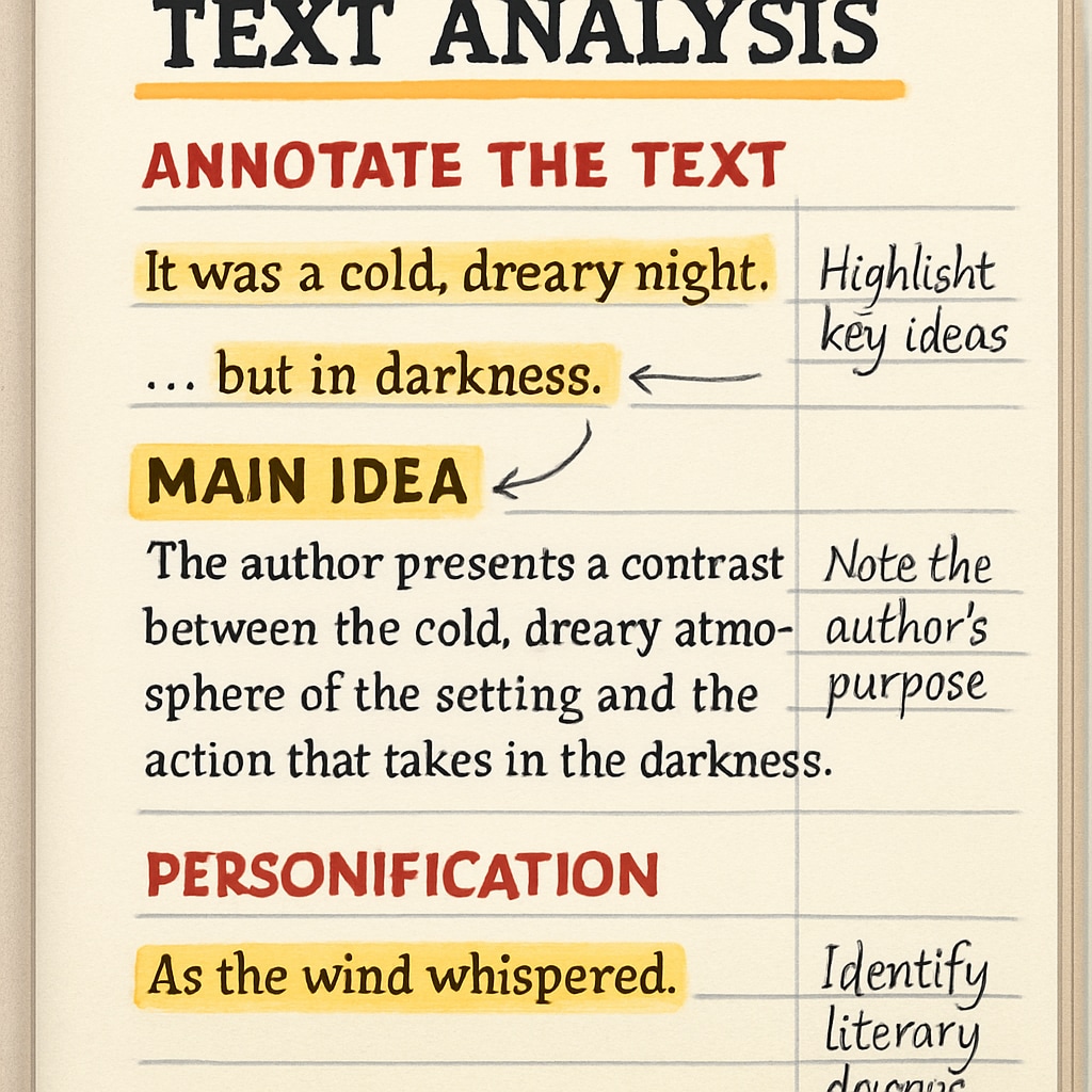 A close-up of a textbook page with highlighted sections and notes illustrating text analysis. Close-up of textbook highlighting text purpose analysis.