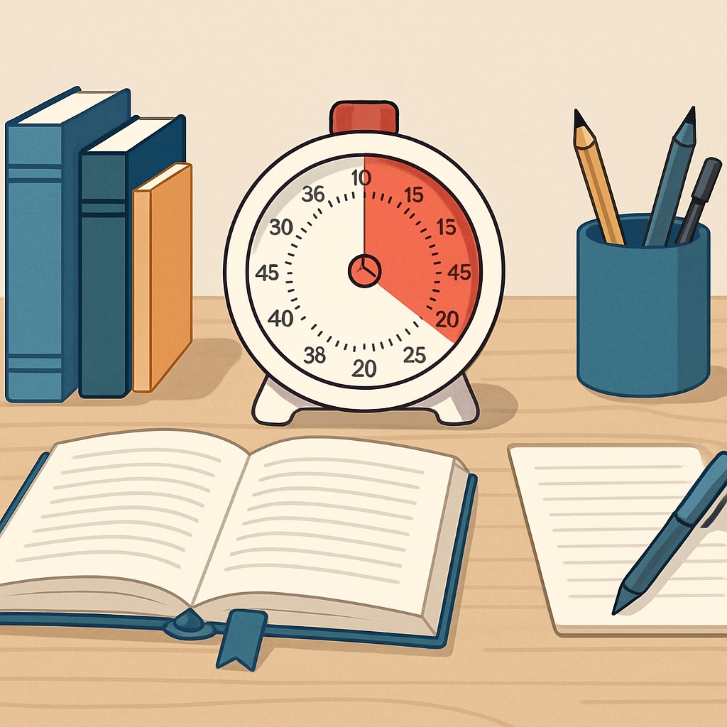 A timer and study materials on a desk, symbolizing effective time management techniques. Tools for managing time while preparing for BSc Physics backlog exams.