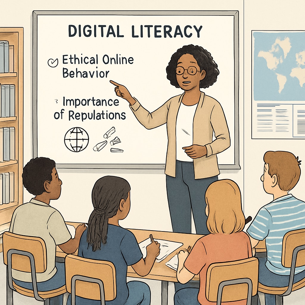An educator leading a classroom workshop on digital literacy, emphasizing ethical online behavior and the role of regulations. Classroom workshop on digital literacy, focusing on ethical online behavior and the role of age verification laws.