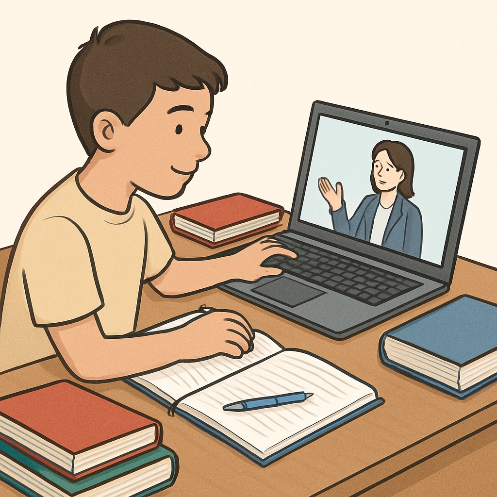 A student using a laptop for online learning, with textbooks and a notebook nearby. Student completing online coursework to catch up on high school credits.
