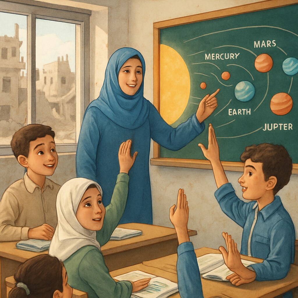 Gaza classroom with children learning science, representing rebuilding hope.