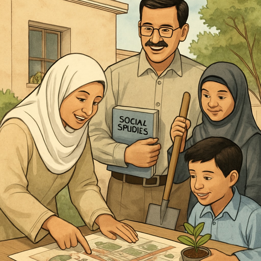 Gaza teachers and students collaborating on a social studies project for peace.