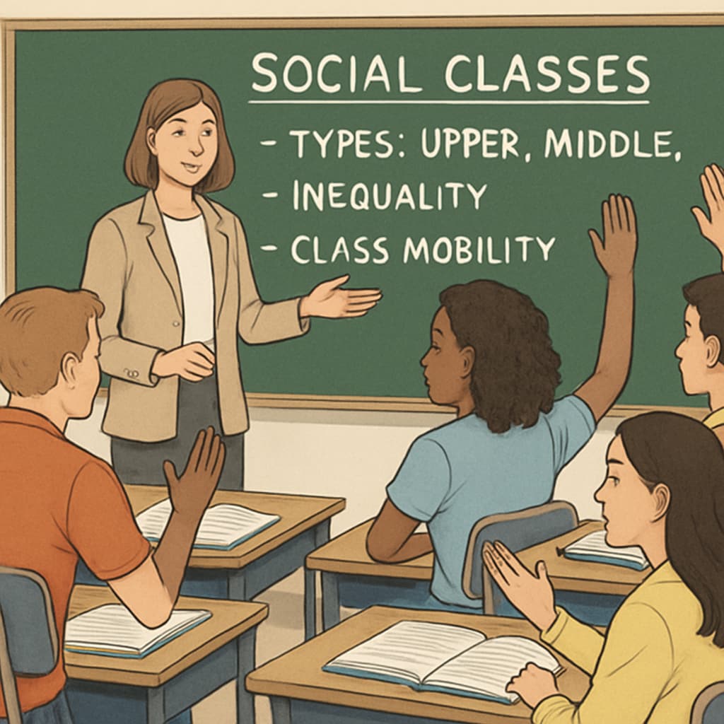 Students discussing social classes and mobility in a classroom setting.