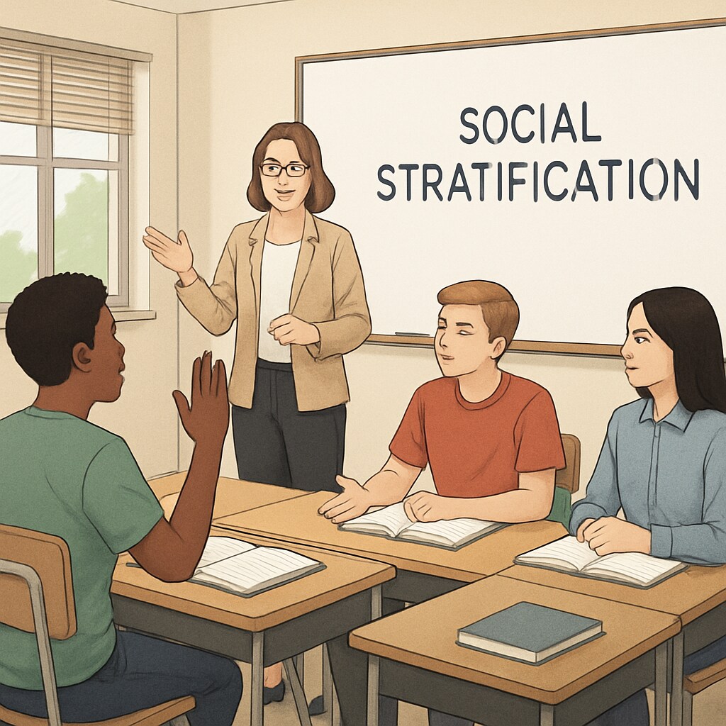 A classroom scene where students are actively discussing social stratification in a social studies class. Students discussing social stratification in a classroom setting, a key element of education content.