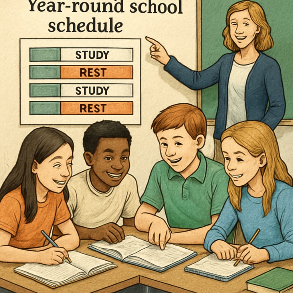 A classroom setting where students are engaged in collaborative learning during a year-round schedule. This image showcases how alternating study and rest periods keep students actively engaged. Students participating in collaborative learning under a year-round school schedule