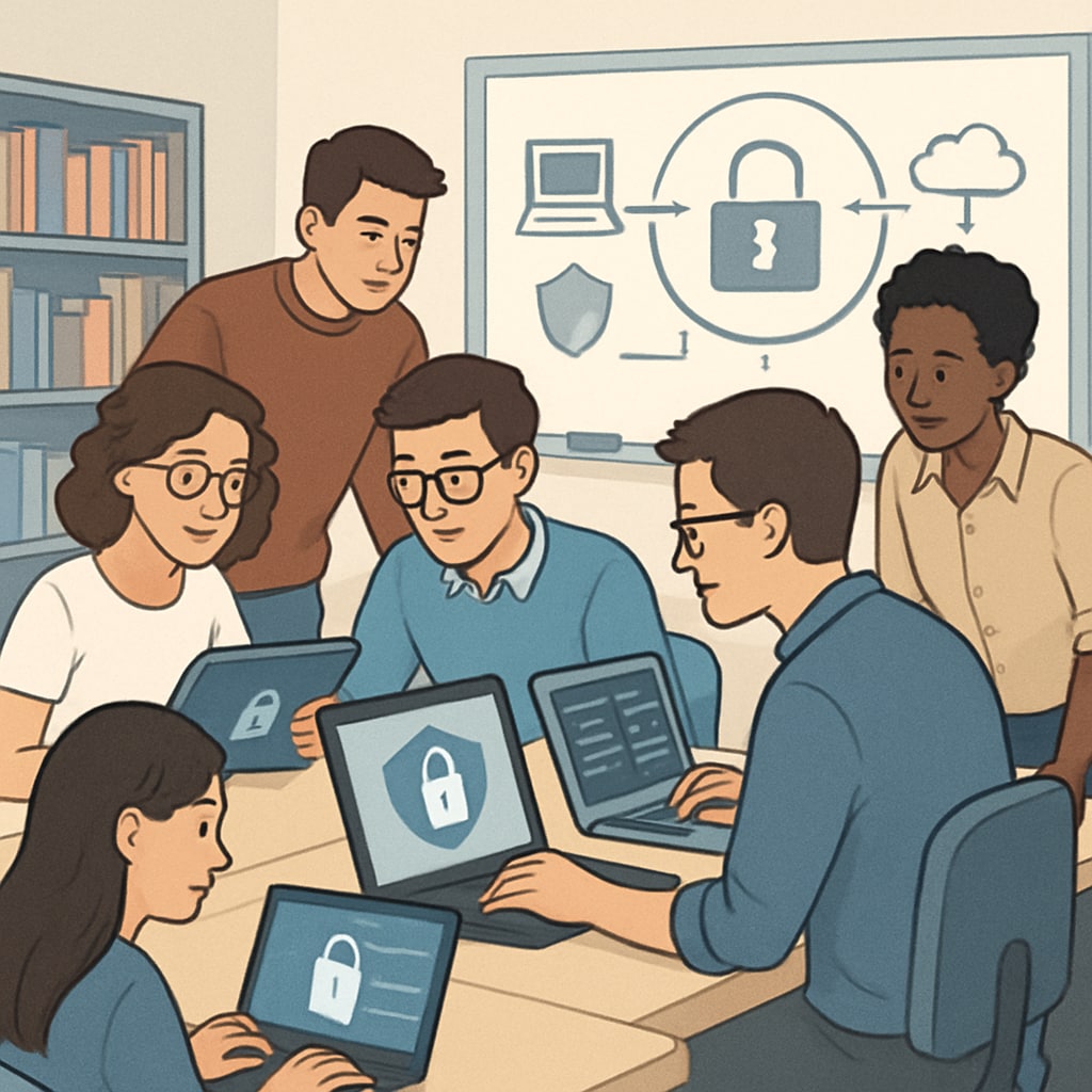 A group of cybersecurity students collaborating in a classroom setting, equipped with laptops and digital tools. Represents education and skills. Cybersecurity students working in a classroom environment