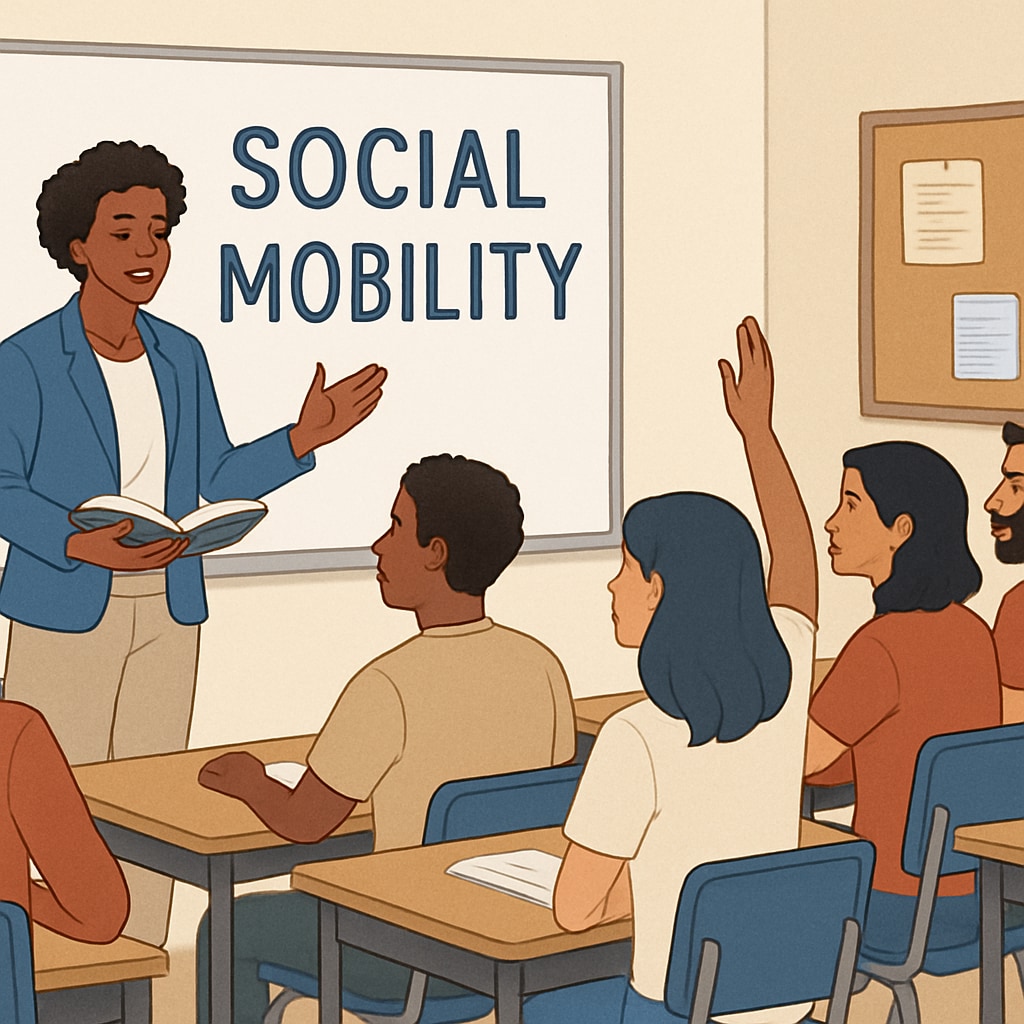 Teacher and students discussing social mobility in an inclusive classroom.