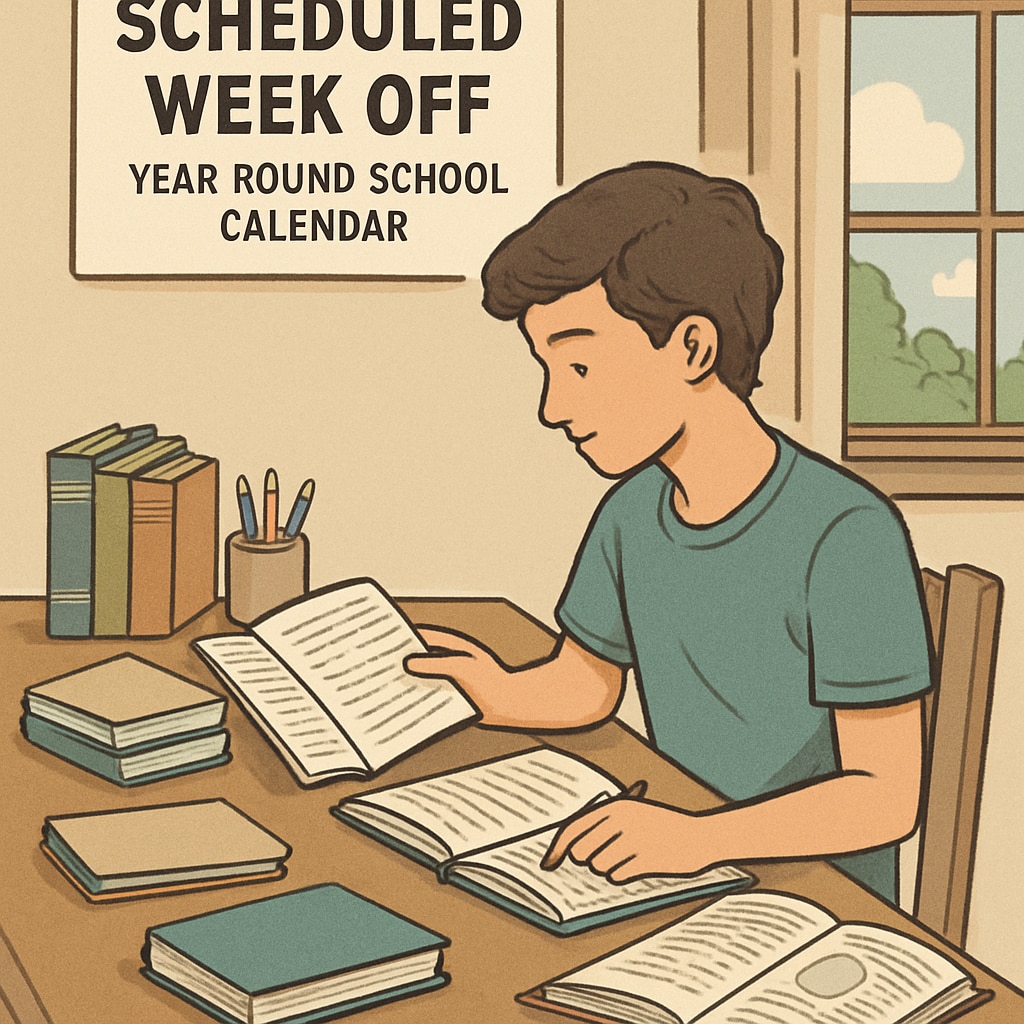 A student reviewing notes at home during a scheduled week off in a year-round school calendar. This image reflects the balance between study and rest that year-round schooling promotes. A student studying during a week off in a year-round school calendar