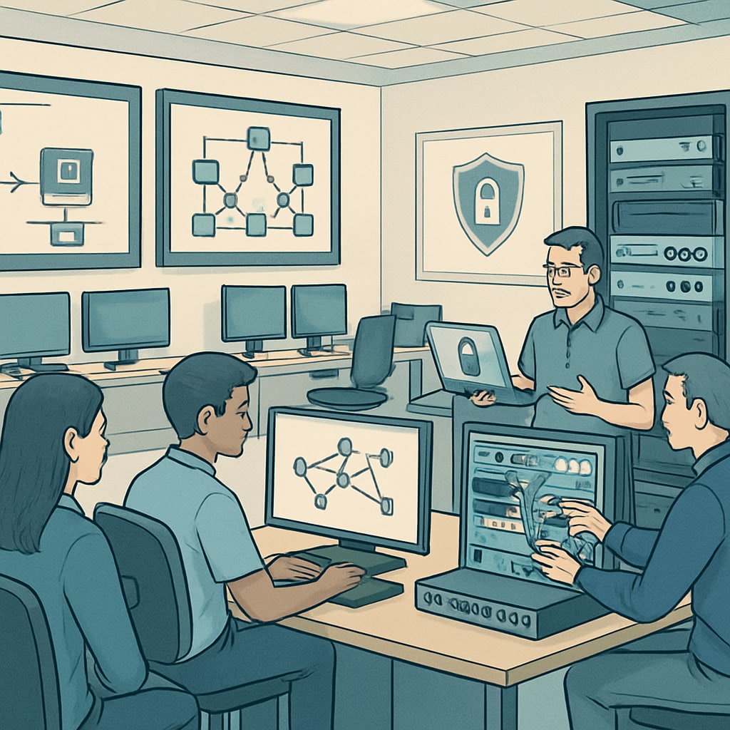 A modern cybersecurity lab with students conducting network simulations and hands-on training. Cybersecurity lab with students performing network simulations